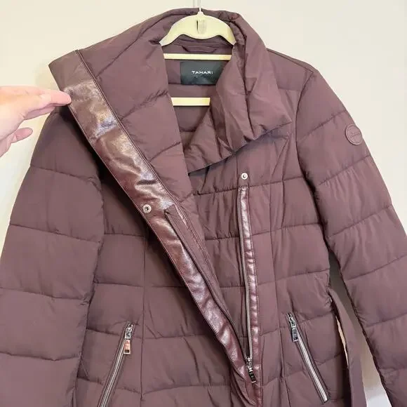 Tahari Puffer Coat Womens S Merlot Down Waterfowl Quilted Belted Winter Outdoor - Picture 3 of 8
